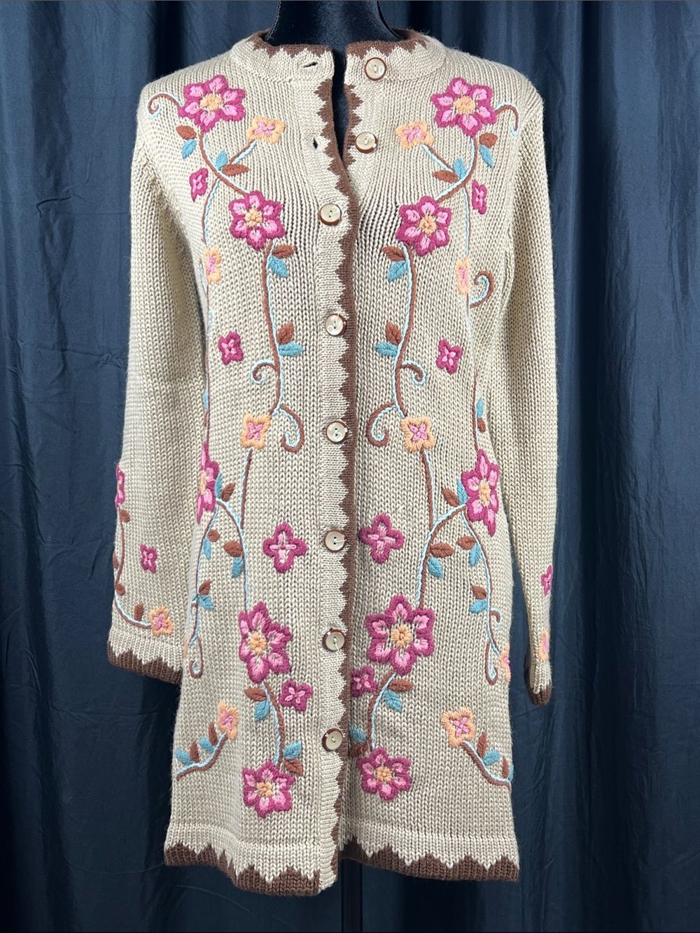 Victor Costa Occasion Vintage Floral Embroidered Duster Cardigan XS Beige Brown